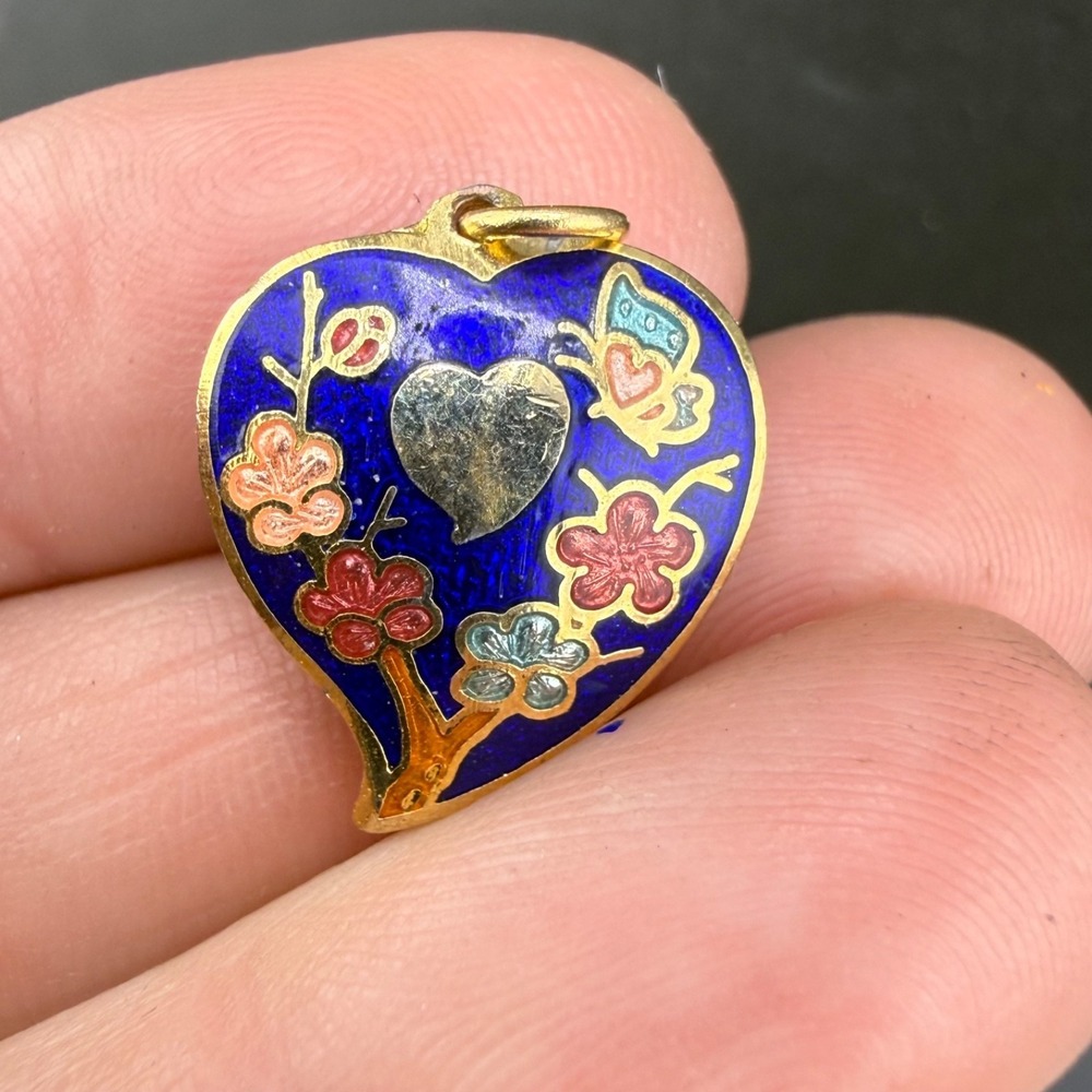 Vintage Cloisonne Pendant Heart Puff Enamel Gold Tone